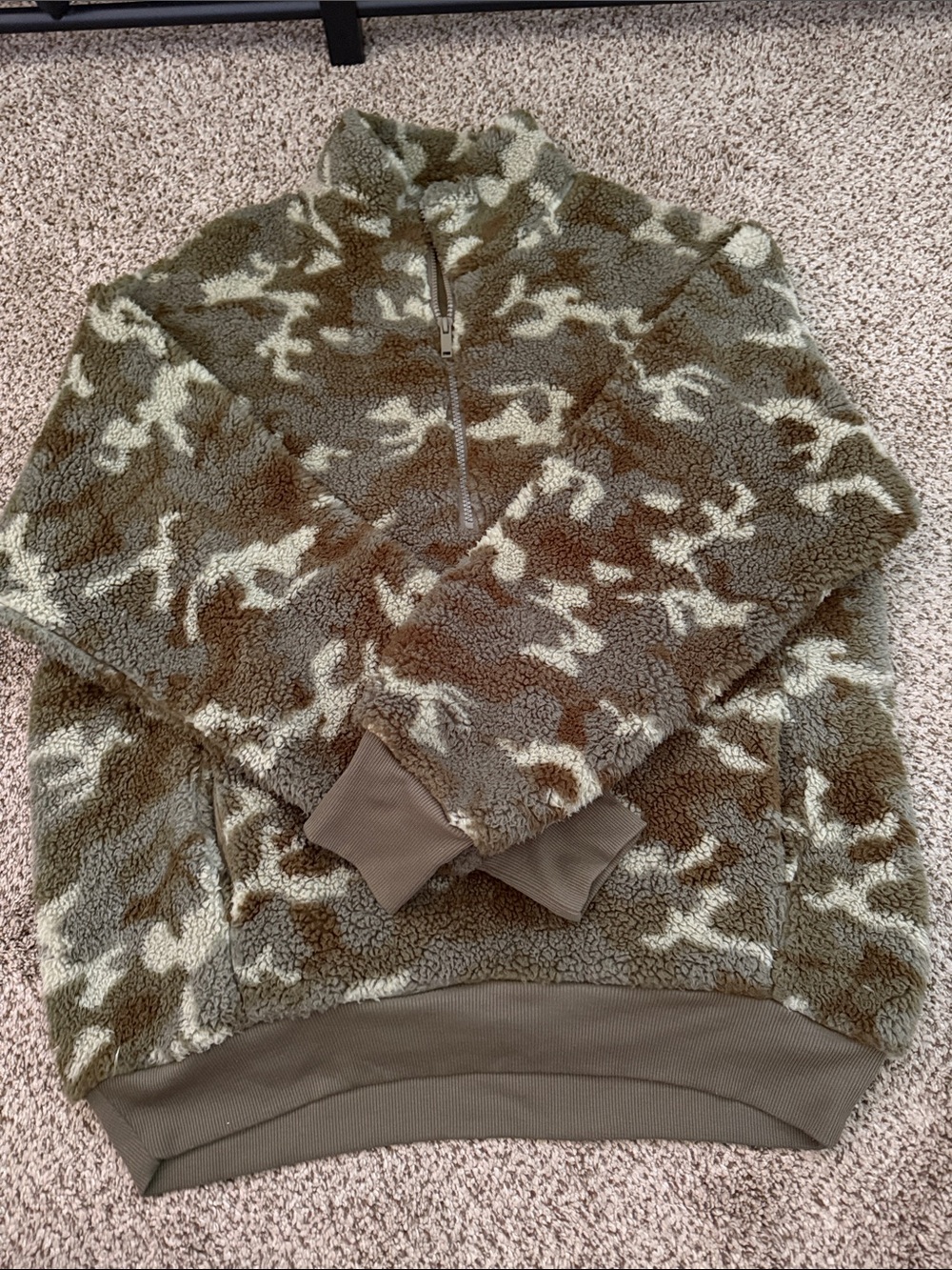 Express Women’s  Olive Camo Sherpa Quarter-Zip Pullover Sweater